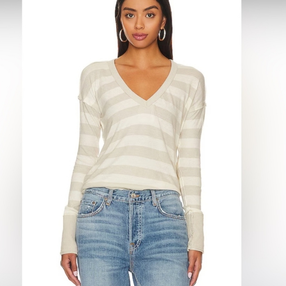 We The Free Sail Away Striped Long Waffle Knit Sleeve Top XS Beige White Neutral - Picture 2 of 16